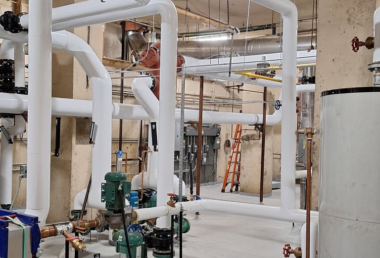 HVAC mechanical room with pumps, and boiler system components.