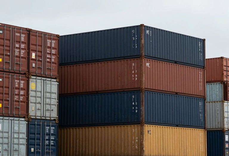 Cool overcast cargo docks, shipping containers stacked at a deep-water port, sharp focus, technical industrial photography