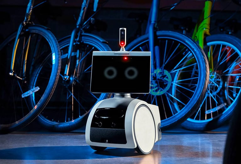 Surveillance robot with tablet face in bike shop. Business tech and security protection solution.