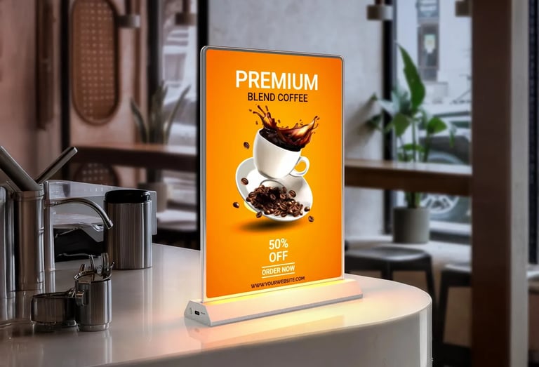 Digital POS coffee ad display at cafe counter. Enhance in-store marketing with tech in Iowa.