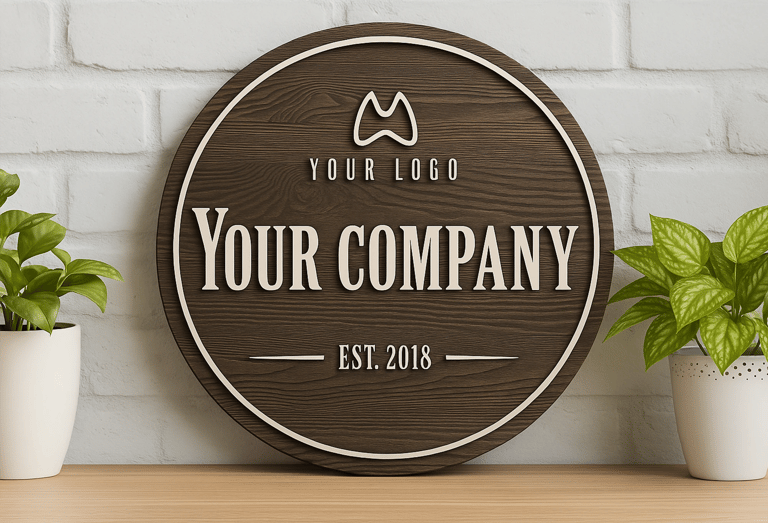 Round wood sign with placeholder logo and company name. Laser engraved custom branding décor.