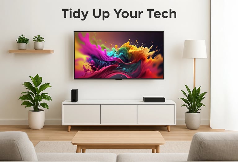 Modern TV setup in tidy living room with vibrant screen. Digital handyman tech cleanup in Iowa.