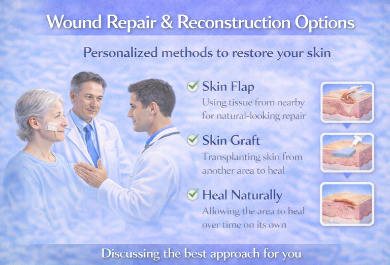 Illustration showing wound repair and reconstruction options after Mohs surgery