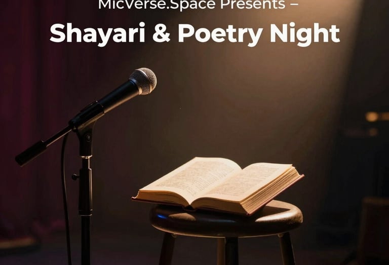 A close-up of a microphone with a softly lit stage background, ready for poets.