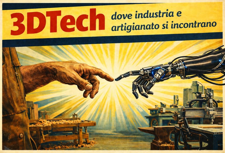 Manifesto vintage che raffigura una mano umana e un braccio robotico che si toccano