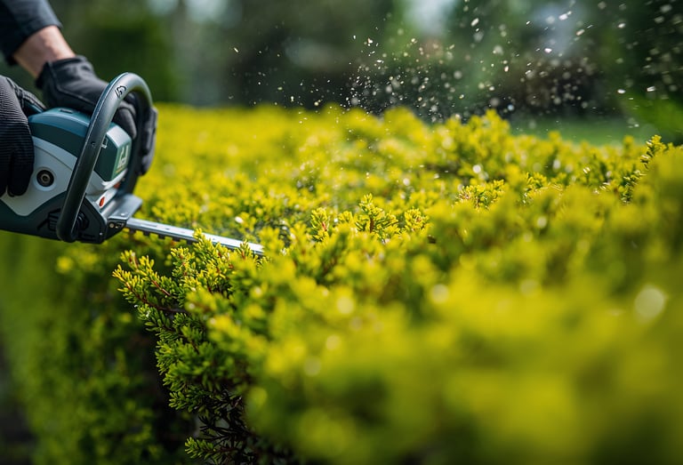Close-up of professional hedge trimming with precise cuts and clean landscaping