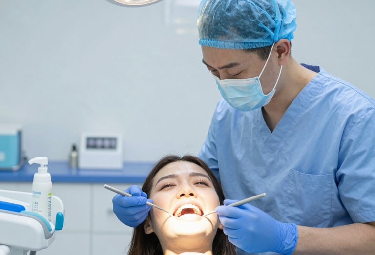 Friendly dentist comforting a patient in a modern dental office decorated in blue and turquoise.