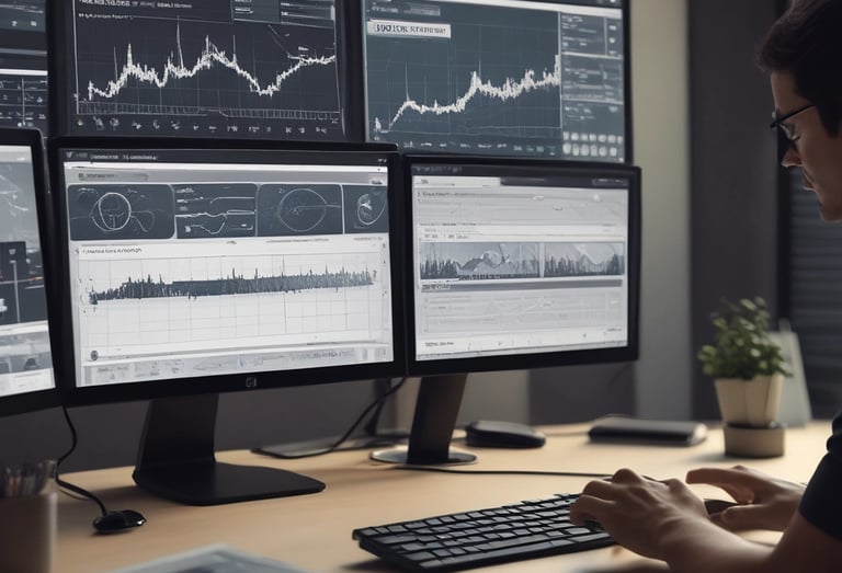 A developer coding a custom internal system on multiple monitors in a cozy office.