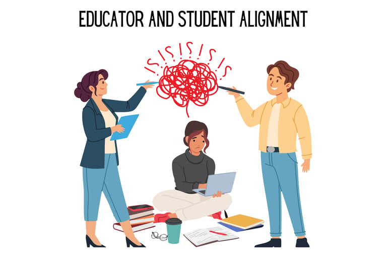 a frustrated student with two teachers writing in a thought bubble over her head