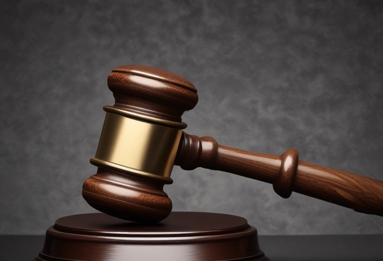 A wooden judge's gavel with gold accents on a sound block for legal justice and court proceedings.