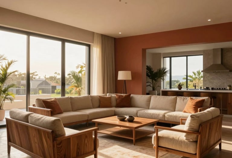 Wide-angle shot of a luxury apartment living room in Cotonou, warm golden hour sunlight streaming through floor-to-ceiling windows, minimalist terracotta accents, high-end local teak furniture.