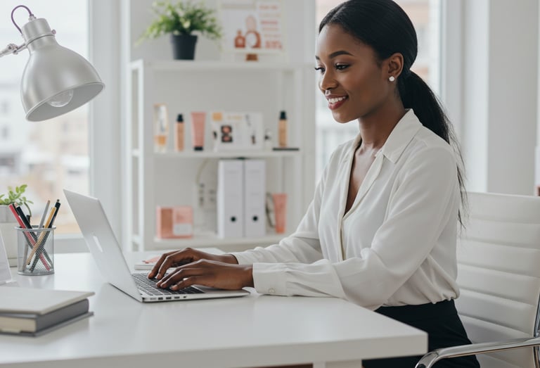 a woman sitting at a desk with a laptop computer