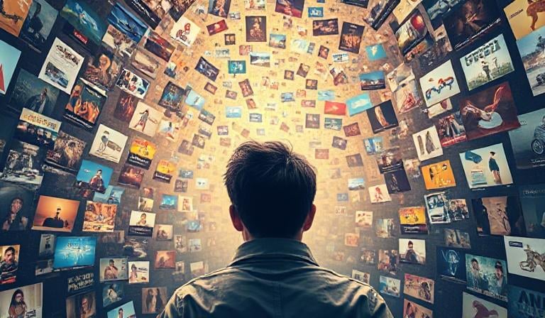  a person looking lost in a sea of conflicting ad images, or a visual representing "noise" vs. "clea