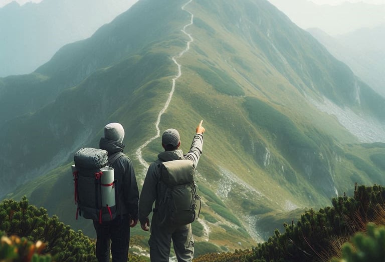 Zwei Wanderer stehen vor einem Berg, der eine weist dem anderen den Weg, symbolisch für Coaching.
