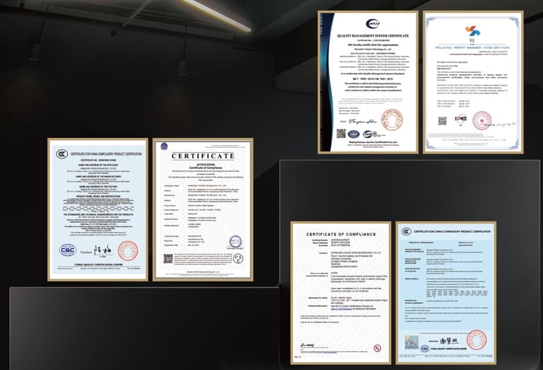 ClaraTech international compliance certificates including CE, FCC, RoHS, and UL for touch systems.
