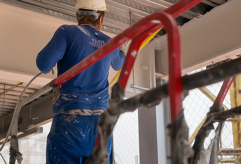 Homem aplicando pintura intumescente em estrutura metálica
