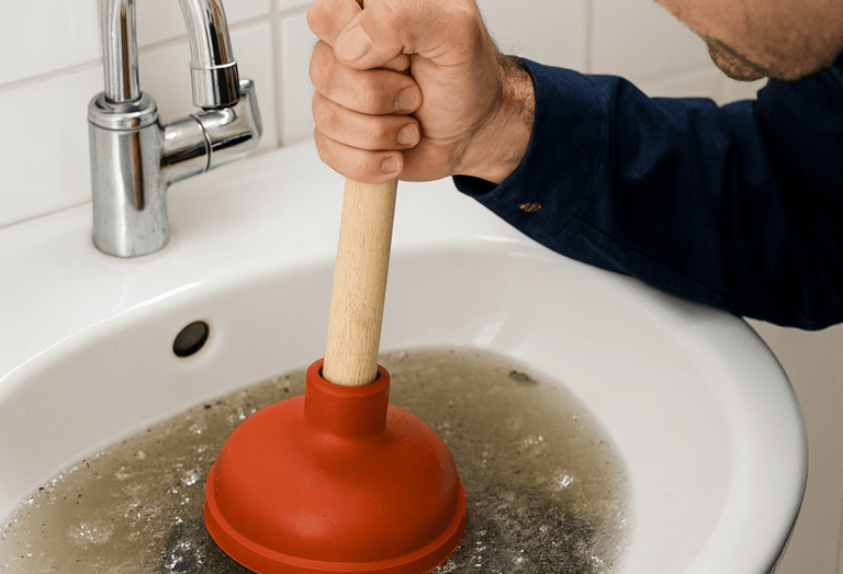 a man in a blue shirt is holding a plunger