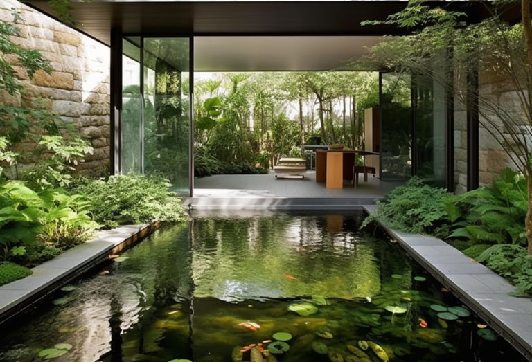 Reflection koi pond with lilies, clear water & advanced filtration—tranquil office retreat | Big Sur