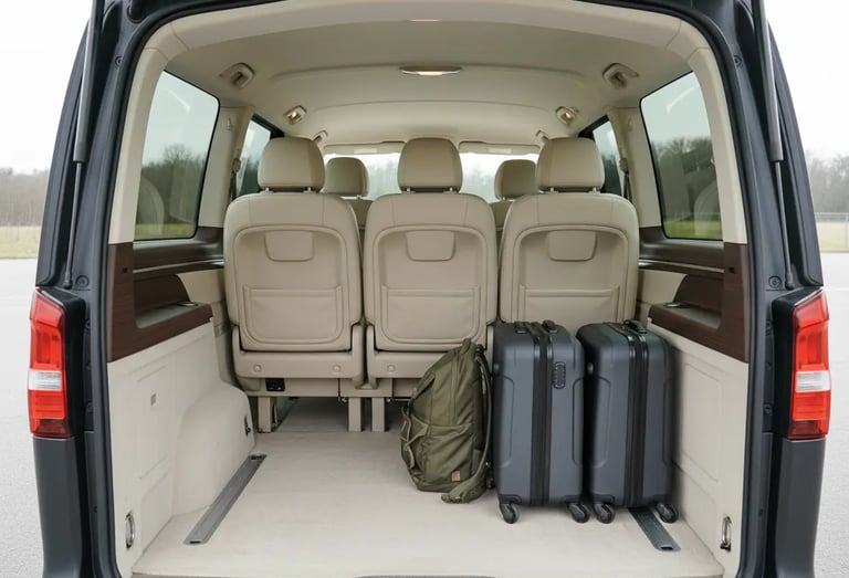 Spacious trunk of a private travel van loaded with suitcases and a backpack, showing ample luggage s