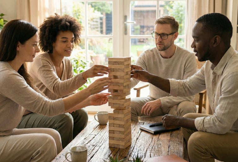 Innerloom Life Coaching: Friends playing giant Jenga, carefully balancing the tower to show stabilization and support.
