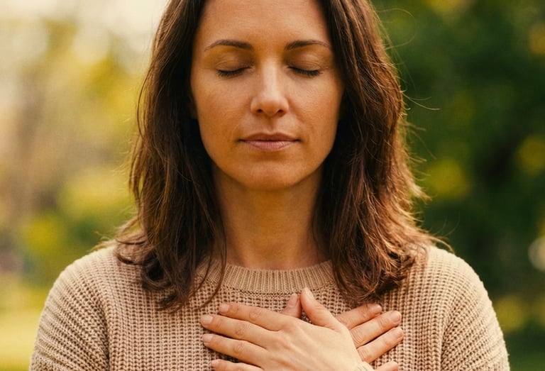 InnerLoom Life Coaching: Women warm nature setting, grounding herself, finding clarity and peace