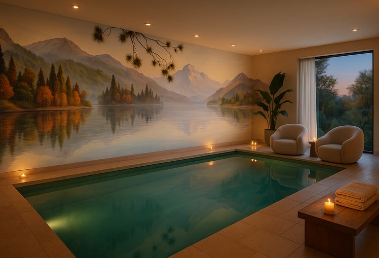Painted New Zealand lake mural in luxury spa setting during evening hours and romantic candlelight.
