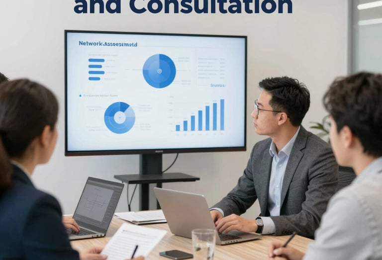 A dimly lit server rack filled with network equipment. Multiple colored cables, predominantly red, blue, and black, are neatly organized and connected to various devices such as switches and routers. Small LED lights on the equipment indicate active connections.