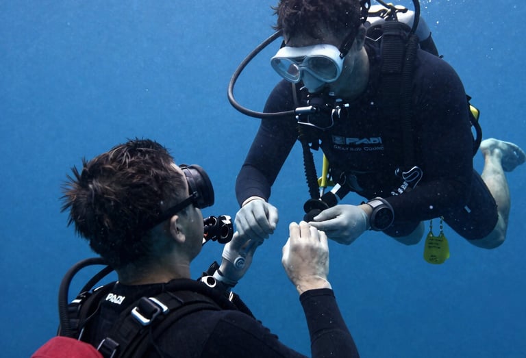 A diver with a snorkel mask swims underwater, releasing swirling air bubbles. The diver wears a dark wetsuit and pink shorts, surrounded by clear blue water with a sandy seabed visible beneath.