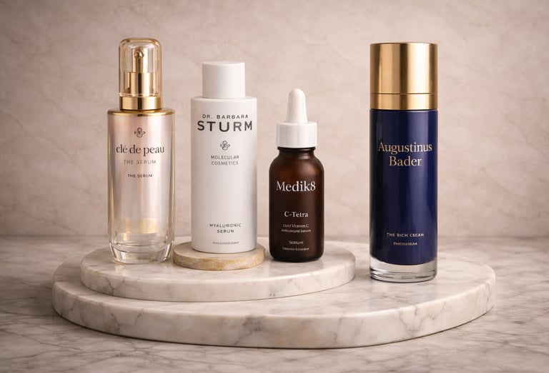 High-end skincare products by Clé de Peau, Barbara Sturm, Medik8 and Augustinus Bader.