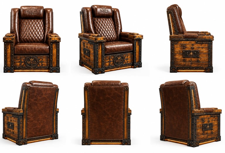 Six views of a luxury steampunk recliner featuring quilted brown leather and industrial wood accents.
