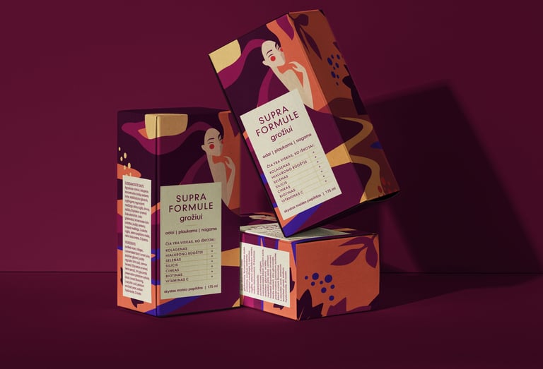 Supra Formule beauty supplement packaging boxes for skin, hair, and nails on a purple background.