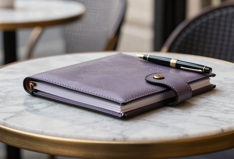 Close-up of a luxury leather planner and a premium fountain pen on a marble table in a chic European / Parisian French cafe. The color palette includes muted lavender grey and dark charcoal black. Soft morning light, blurred city background, ultra-elegant aesthetic.
