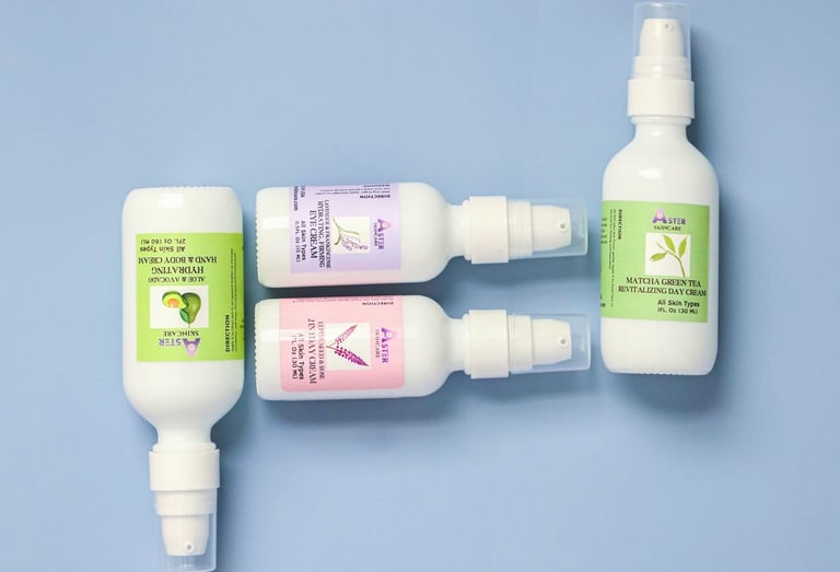 Aster Skincare's Creams. Day Creams, Eye Cream and Hand Cream.