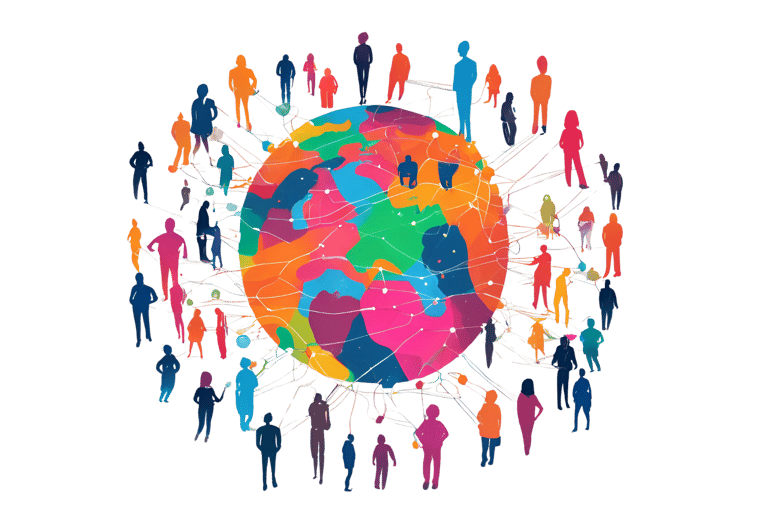 Globo terrestre estilizado com contornos abstratos e silhuetas humanas coloridas conectadas.