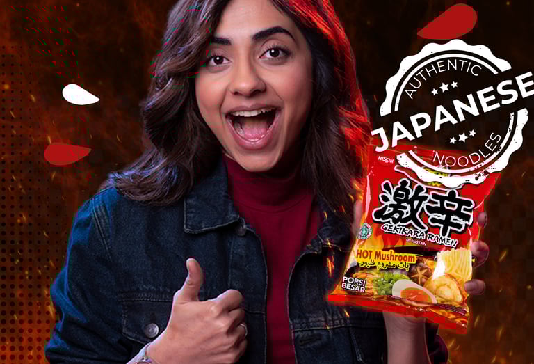 graphic design with a model holding a product and smiling