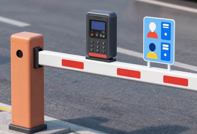 Automatic parking barrier arm with an electronic card reader and digital access control signage.