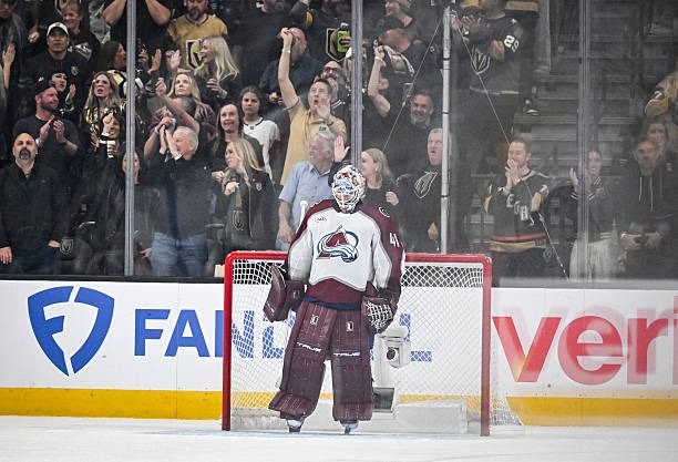 Scott Wedgewood of the Colorado avalanche looks on as the Golden Knights defeat the Avalanche in game 3 of the 2026 WCF