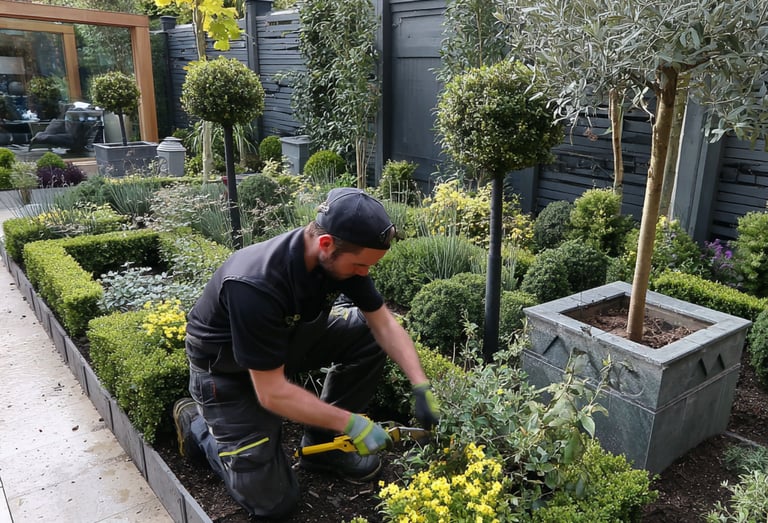 Professional gardener pruning shrubs in a modern landscaped garden with topiary and box hedging.
