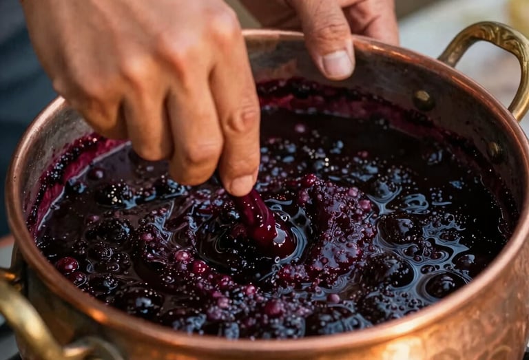 Warm editorial photography of hands stirring a bubbling dark purple jabuticaba jam in a traditional copper pot, warm golden-hour natural light reflecting off the copper edge, rich deep purple and earthy tones, shallow depth of field, 35mm.