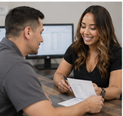 A smiling veterinary consultant helping a fellow manager review paperwork at an office desk.