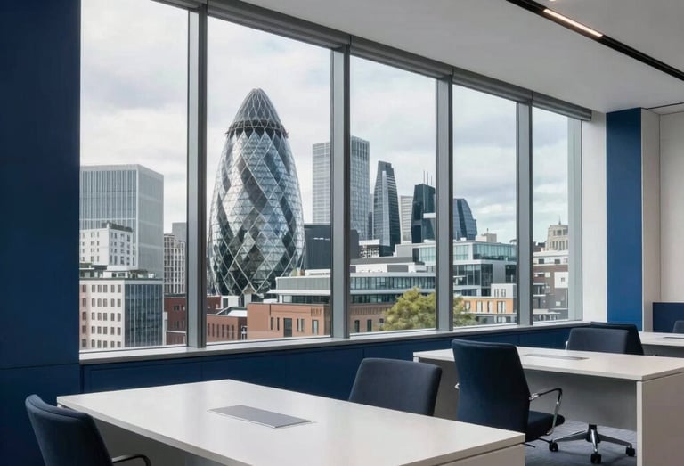 A professional wide-angle interior photograph of a modern financial office in London. Large floor-to-ceiling windows reveal the iconic London skyline. The interior features midnight blue accents and elegant cloud white desks, captured in bright, natural daylight.