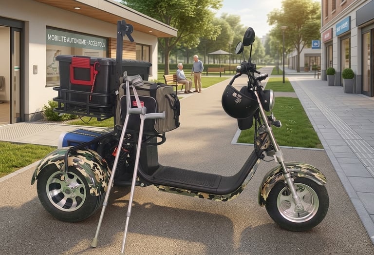 Electric mobility scooter with storage and crutches parked in a modern accessible urban park.