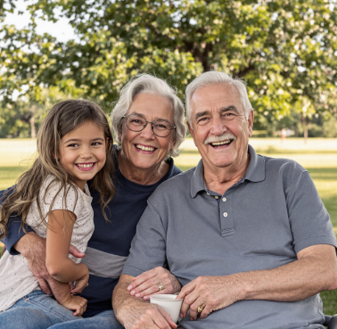 A picture of a elder couple with a child.