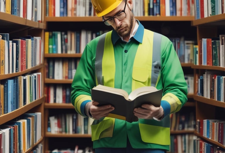 a man in a green Hi-Viz vest reading a book
