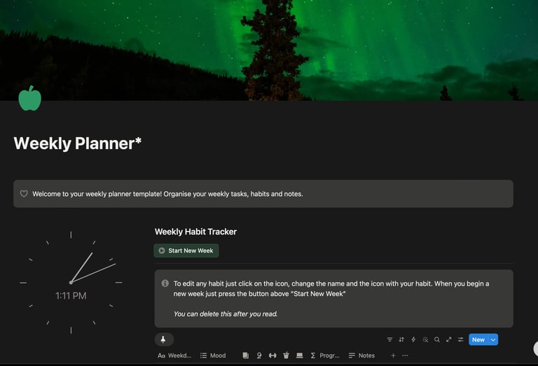 Weekly planner dashboard in Notion featuring a habit tracker, analog clock widget, and aurora borealis header.