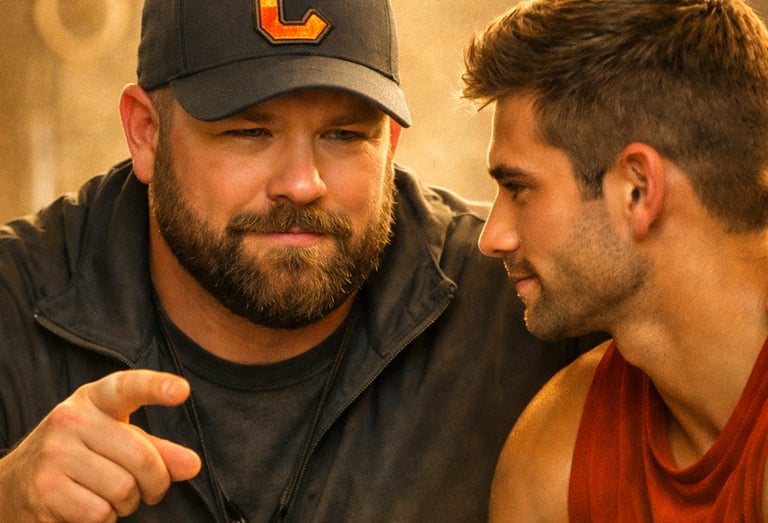 A bearded fitness coach in a baseball cap motivates a young male athlete during an intense gym workout.