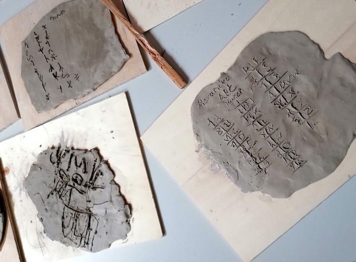 Schriftzeichen in Ton geritzt