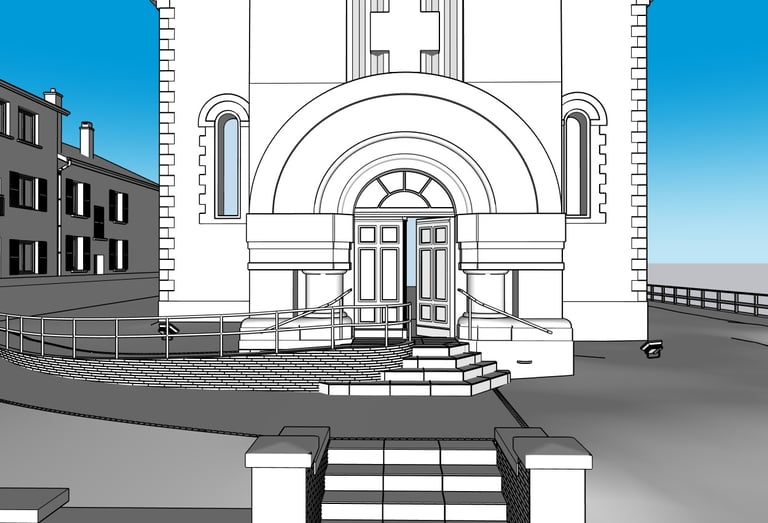 3D Sketchup du projet création de rampe PMR et de l'embellissement du parvis de l'église de Leyr