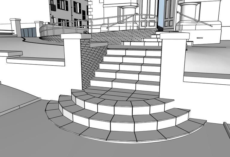 3D Sketchup du projet création de rampe PMR et de l'embellissement du parvis de l'église de Leyr