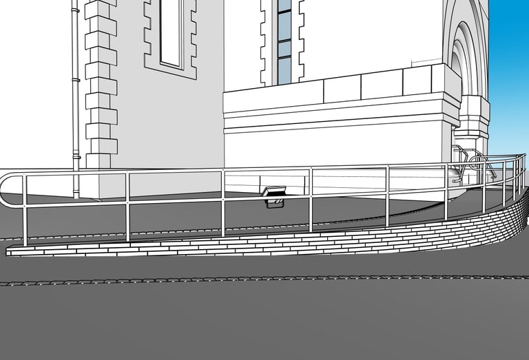 3D Sketchup du projet création de rampe PMR et de l'embellissement du parvis de l'église de Leyr